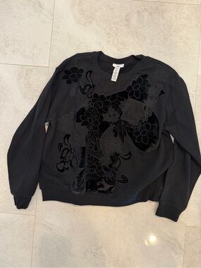Bar III Black Crewneck Sweater with Velvet Floral Appliqué